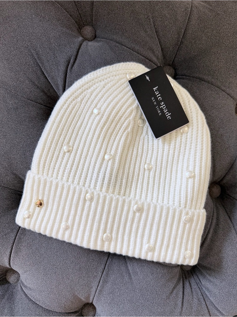 Kate Spade Pearl Beanie in Ribbed Knit French Cream/Ivory, One-Size, NWT